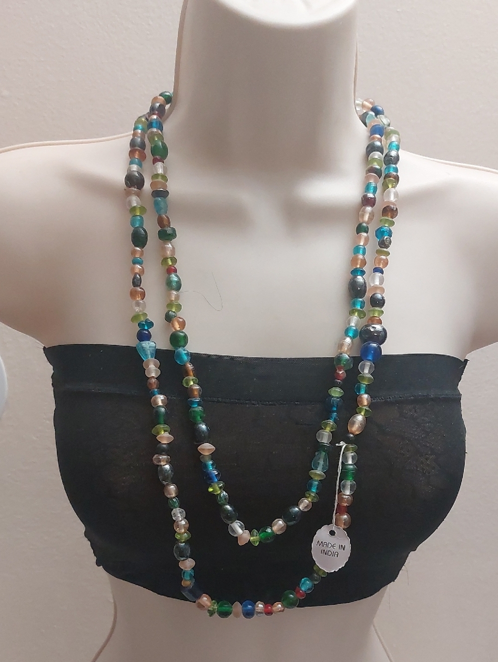 Vtg Old Stock India Bright Multicolor Recycled Glass Beads Extra Long Necklace